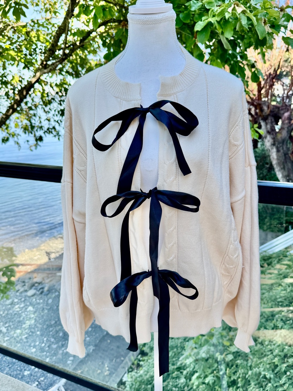 Cream Cardigan Sweater With Black Ribbon Bow Ties At Front Size M